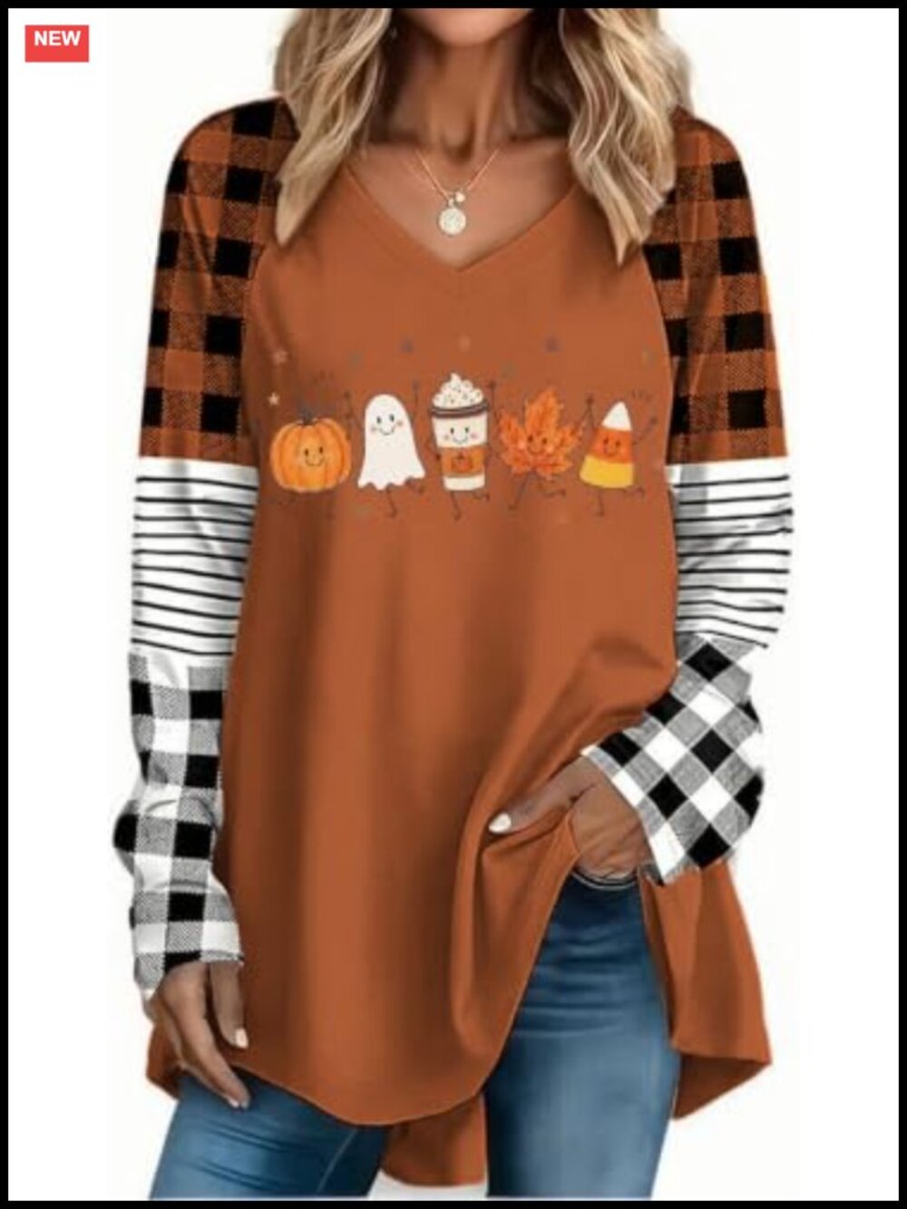 V Neck Raglan Sleeve Tunic Top Plaid Striped Fall Halloween